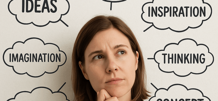 Frau mit Sprechblasen in denen Wörter zum Thema Kreativitätstechniken stehen - Bild wurde KI Erstellt